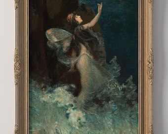 PRINTED Vintage Sea Nymph Wall Art Mythical Ocean Goddess Print Fantasy Woman Artwork Antique Mermaid Decor Romantic Fairy Wall Art VPI-39