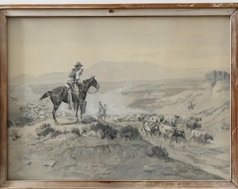 PRINTED Vintage Western Cowboy Wall Art Rustic Horse and Cattle Drive Print Southwestern Ranch Decor Neutral Western Art Landscape VPI-30