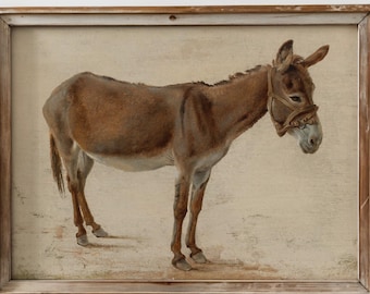 May include: A framed vintage print of a donkey. The artwork features a brown donkey with a bridle, standing on a light-colored surface. The donkey is the focal point, set against a neutral background, and framed in a rustic wooden frame.