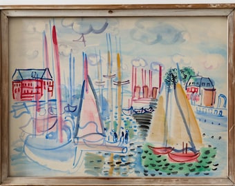 May include: Watercolor painting of a harbor scene with sailboats and buildings. The artwork features a wooden frame and a palette of blues, pinks, and yellows. The painting depicts boats with red and pink sails, and buildings with red roofs.