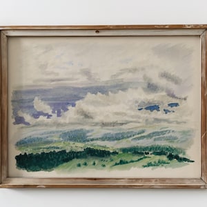 Vintage Clouds Landscape Watercolor Forest Hill Country Wall Art Moody Blue Green Nature Painting Farmhouse Decor Abstract Digital Download