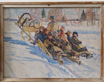 May include: An antique framed painting depicts a horse-drawn sleigh carrying several people through a snowy landscape. The artwork features muted colors, with a focus on the figures and the winter scene. The frame is a warm, natural wood tone.