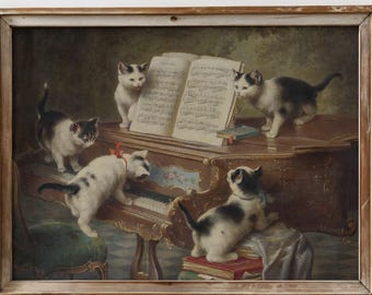 Vintage Cats Playing Piano Print: Antique Animal Painting