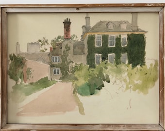 May include: Watercolor painting of a building with a green ivy-covered wall and multiple windows. The artwork is framed in a rustic, light brown wooden frame. A pinkish-beige path leads to the building.
