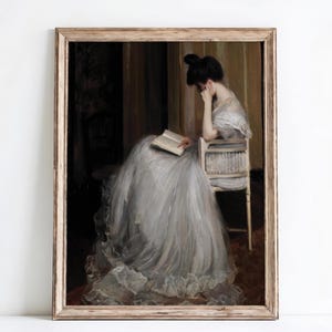 Woman Reading Portrait Printable Vintage Oil Painting Style Wall Art Antique Digital Download Book Lover Gift Reading Room Decor