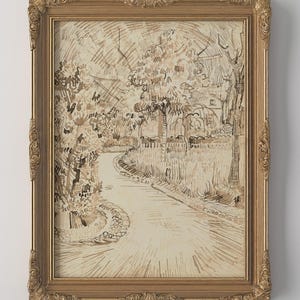 May include: A sepia-toned framed print of a winding path through a park, with trees and foliage lining the sides. The ornate, gold-colored frame adds a classic touch to the artwork, suitable for home decor.