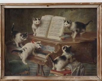 Vintage Cat Wall Art Cats Playing Piano Painting Whimsical Animal Art Antique Style Victorian Cat Art Cottagecore Decor Digital Download