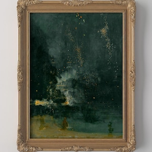 May include: An antique-style framed painting with a dark, moody color palette. The artwork depicts a nighttime scene with a dark green sky, illuminated by what appears to be fireworks or a celestial event. The ornate gold frame adds a touch of vintage elegance.