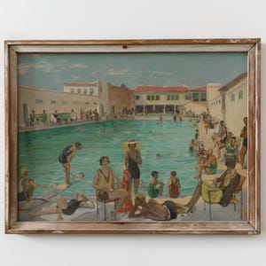 Preppy Poolside Vintage Oil Painting Retro Resort Poolside Wall Art Digital Download Summer Time Wall Art Print Vintage Swimming Pool Art