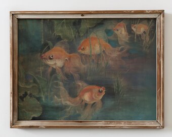 Vintage Goldfish Wall Art Printable Rustic Aquatic Nature Scene Oil Painting Cottagecore Decor whimsical fish art digital download art