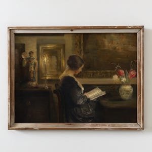 Vintage Woman Reading Painting Printable Antique Book Lover Wall Art Victorian Lady Portrait Digital Download Moody Wall Art Feminine Decor