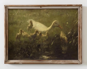 Vintage Ente druckbare Wand Kunst rustikale Frühling Ente Malerei digitaler Download grüne Wandkunst Wildlife Natur Szene Land Bauernhaus Dekor