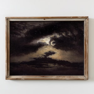 Vintage Moonlight Landscape Printable Antique Night Sky Digital Download Romantic Moonlit Wall Art Decor Night Sky Painting Sky Landscape