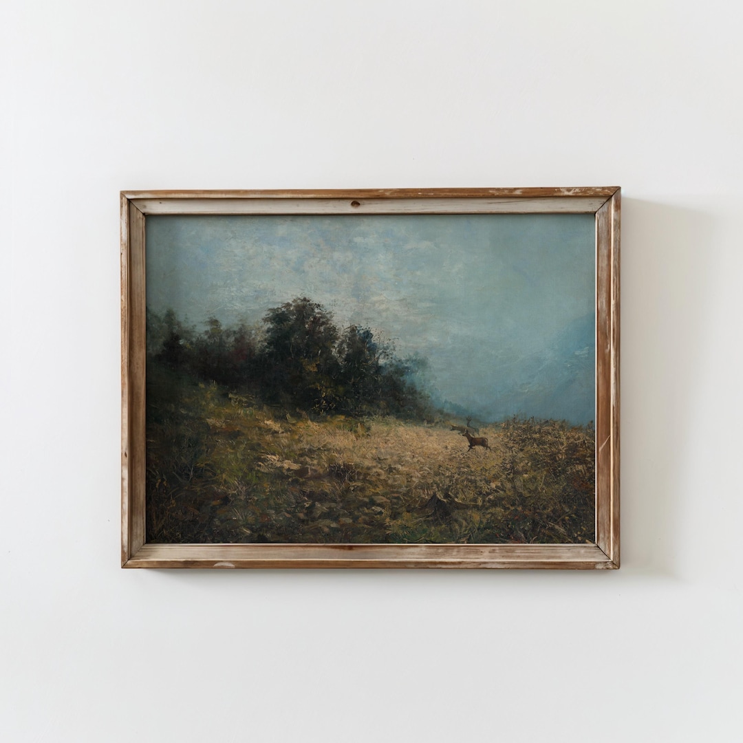 Vintage Deer Painting Landscape Wall Art Rustic Countryside Print Old ...