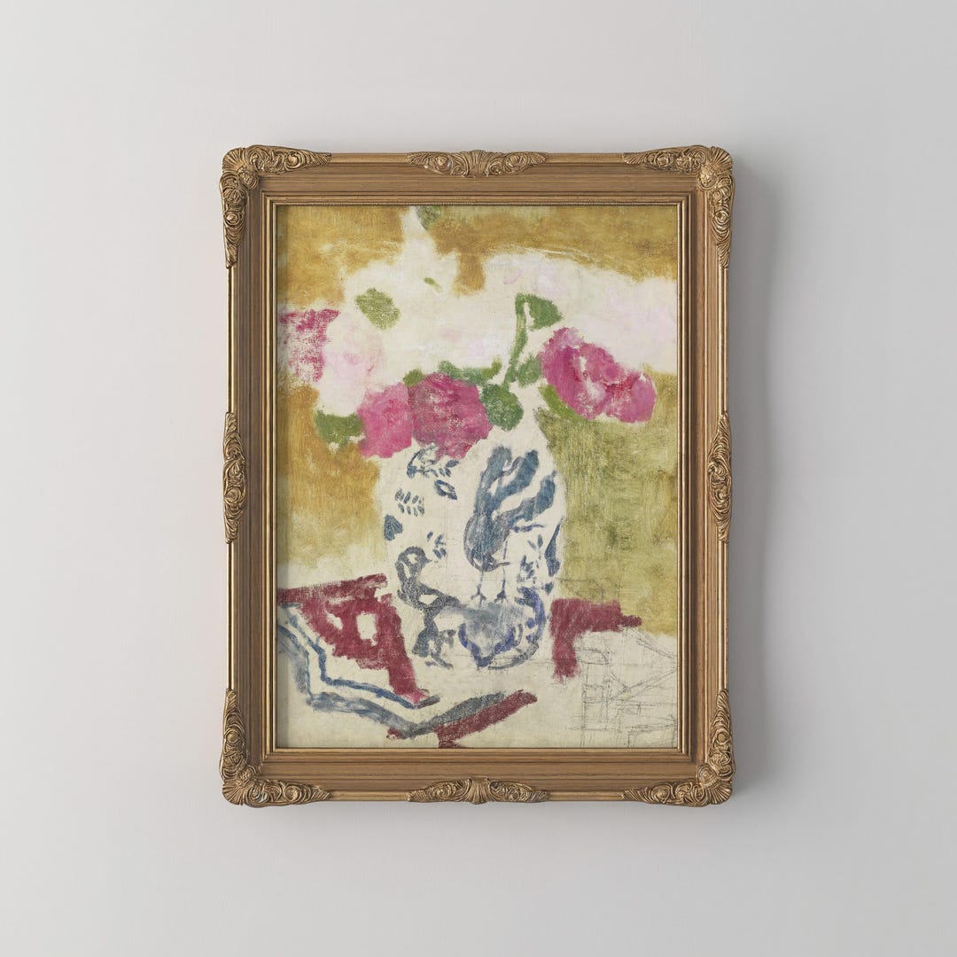 Vintage Floral Still Life Painting Pink Flower Vase Wall Art PRINTED ...