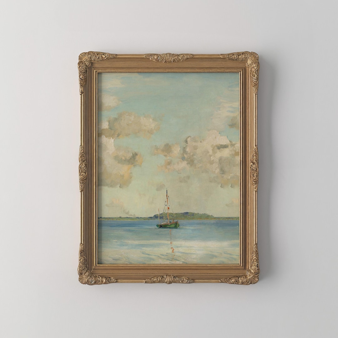 Vintage Coastal Sailboat Oil Painting Seascape Wall Art PRINTED Sky ...