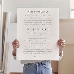 May include: A person holding a white sign with black text. The sign reads "AFTER PURCAHSE" and provides instructions for accessing digital files after purchase. It also includes printing recommendations and notes about the artwork.
