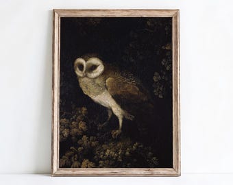 Hibou antique, peinture imprimable Dark Academia, art mural en téléchargement numérique, impression d'oiseau vintage, illustration animale gothique, décoration d'intérieur de mauvaise humeur