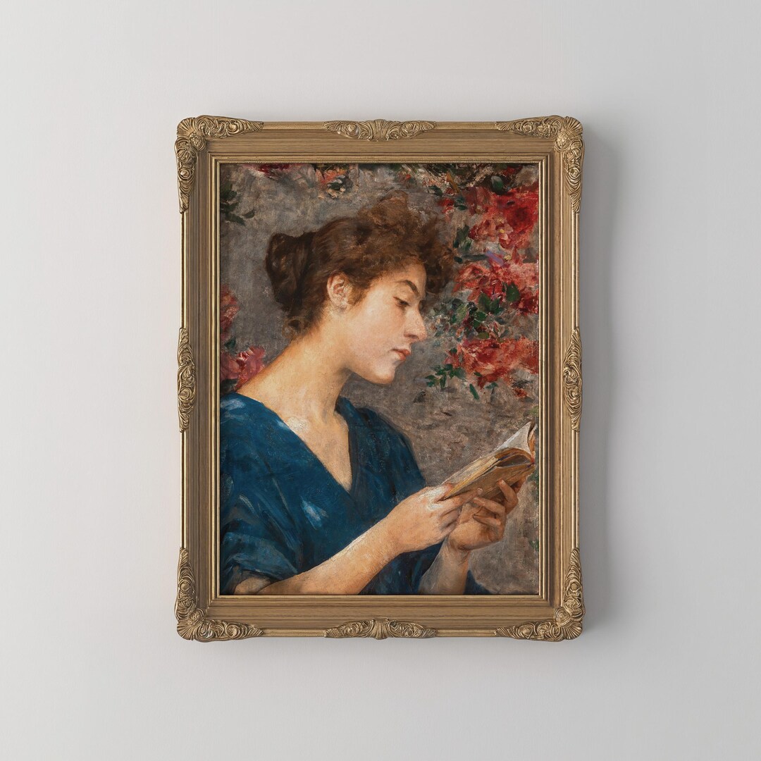 PRINTED Vintage Woman Reading Wall Art Romantic Floral Portrait ...