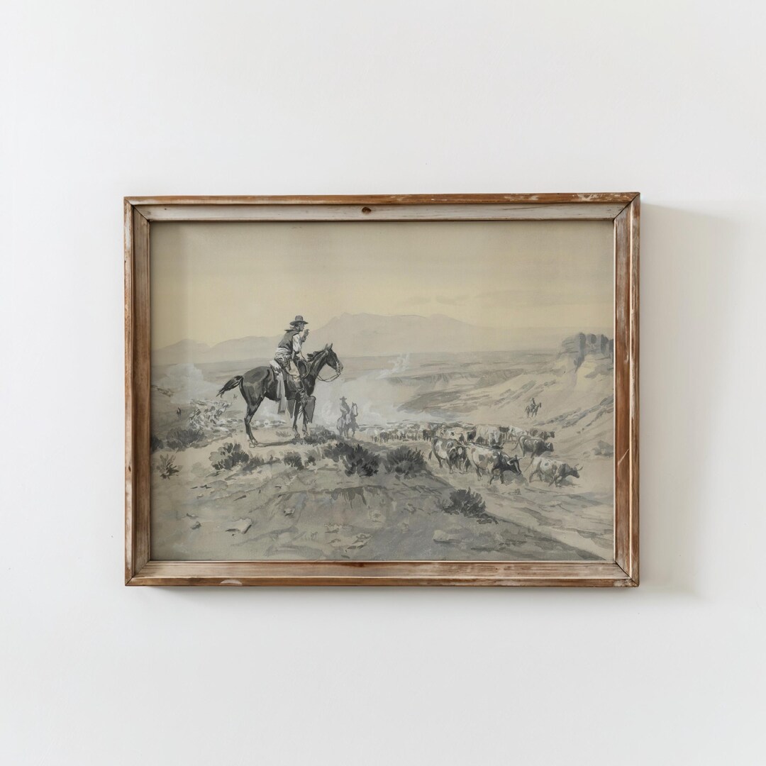 Vintage Western Cowboy Wall Art Rustic Horse and Cattle Drive Print ...