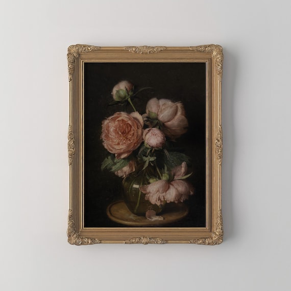 PRINTED Vintage Floral Art Antique Rose Painting Dark Academia Botanical Wall Decor Moody Home decor Floral Print Soft Pink Nursery VPR-39