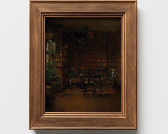 Bibliothèque vintage impression d'art en téléchargement numérique livre ancien, peinture sombre, milieu universitaire, décoration murale imprimable pour salle d'étude, cadeau pour amateur de livres