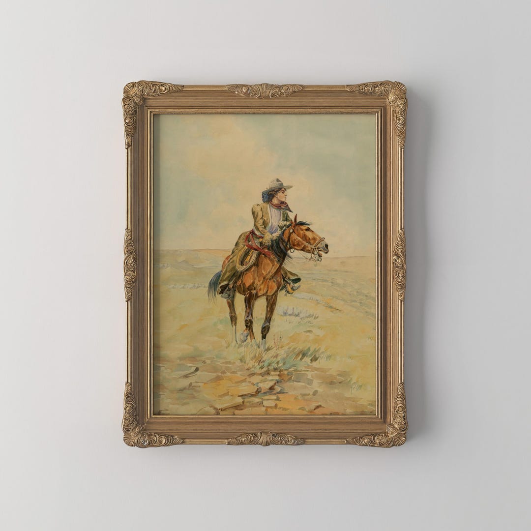 Vintage Cowgirl Painting Watercolor Horse Wall Art Western Desert Decor ...