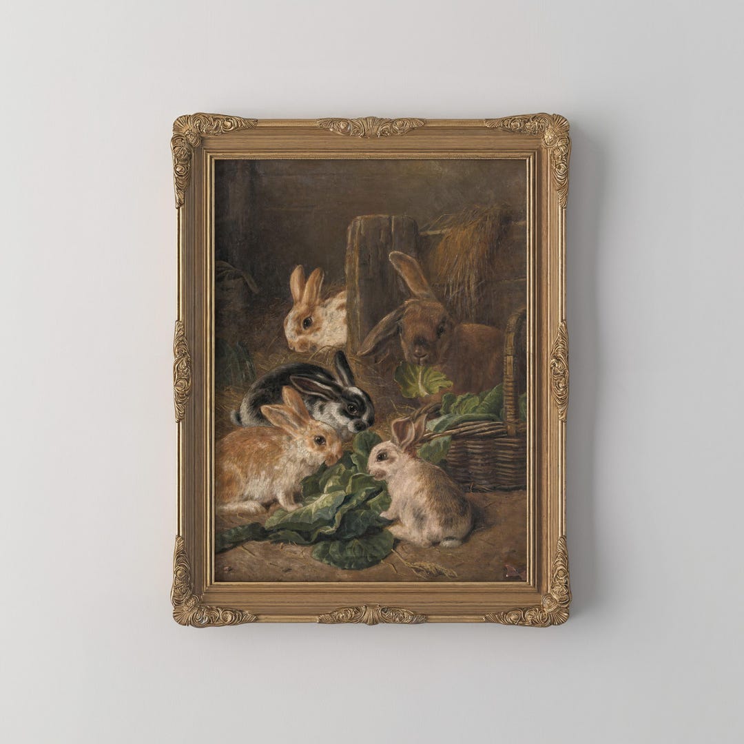 Vintage Bunny Family Wall Art Rustic Farmhouse Rabbit Painting Country ...