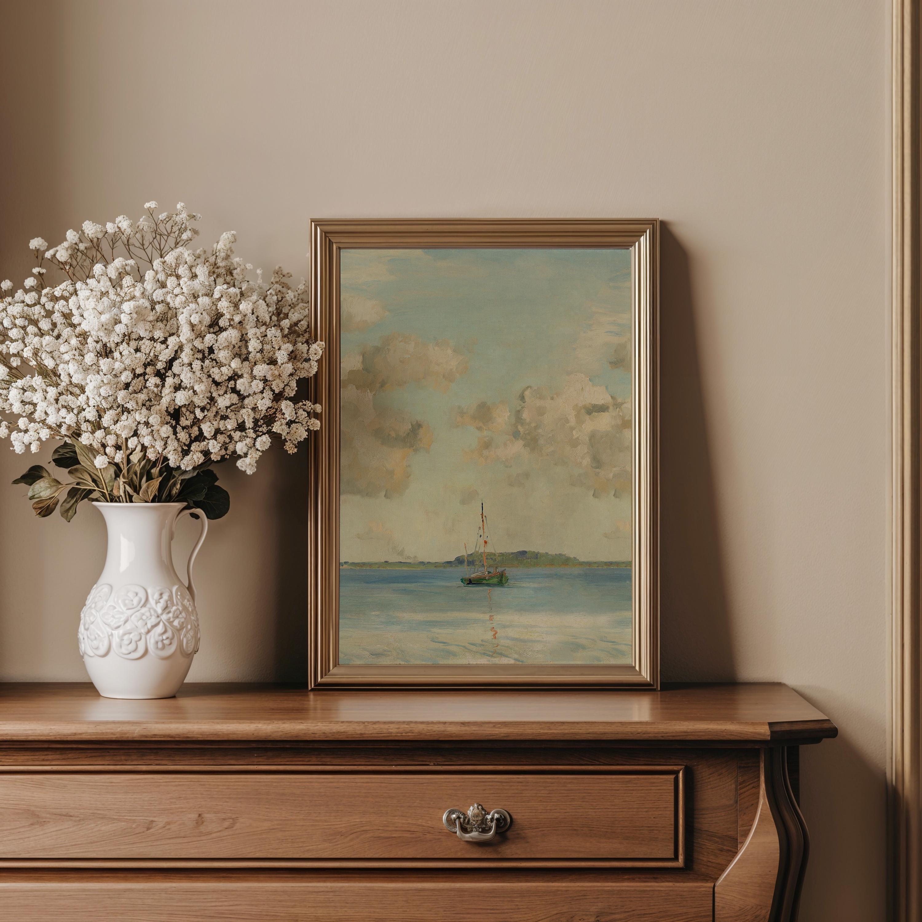 Vintage Coastal Sailboat Oil Painting Seascape Wall Art PRINTED Sky ...