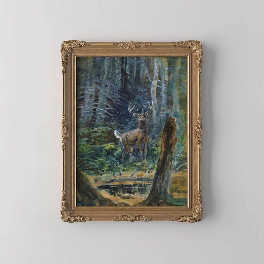 PRINTED Vintage Woodland Deer Wall Art Rustic Forest Animal Print ...