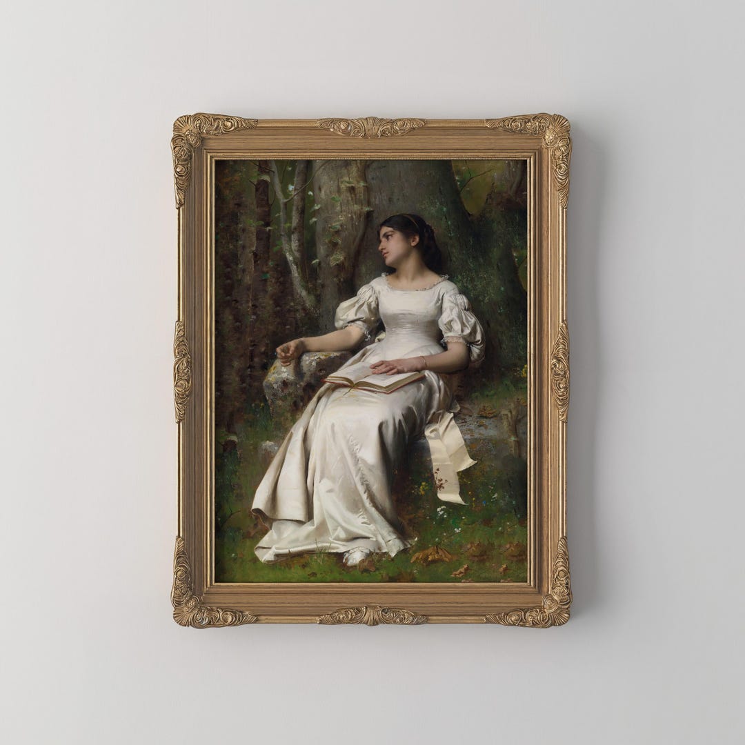 Vintage Woman Reading Art Romantic Woodland Portrait Classical White ...