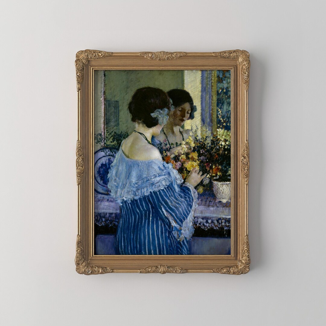 Vintage Woman Blue Floral Dress Oil Painting Mirror Print Antique Lady ...