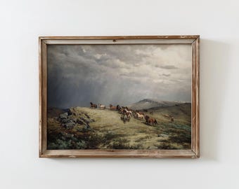 Arte de paisaje de montaña con caballos vintage, decoración rústica de pared occidental, pintura ecuestre salvaje, arte en tonos tierra, decoración de granja, descarga digital