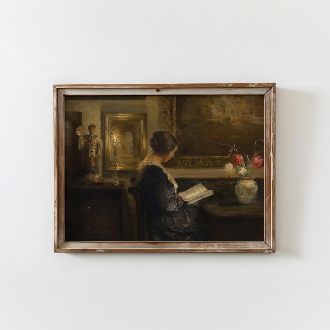 Vintage Woman Reading Painting Printable Antique Book Lover Wall Art ...