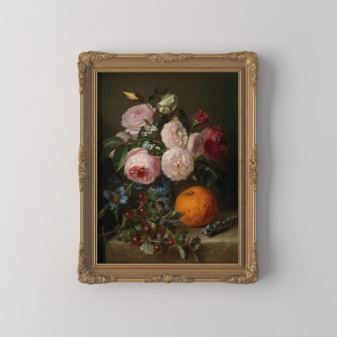 Moody Floral Still Life Art Oranges and Roses Painting PRINTED Vintage ...