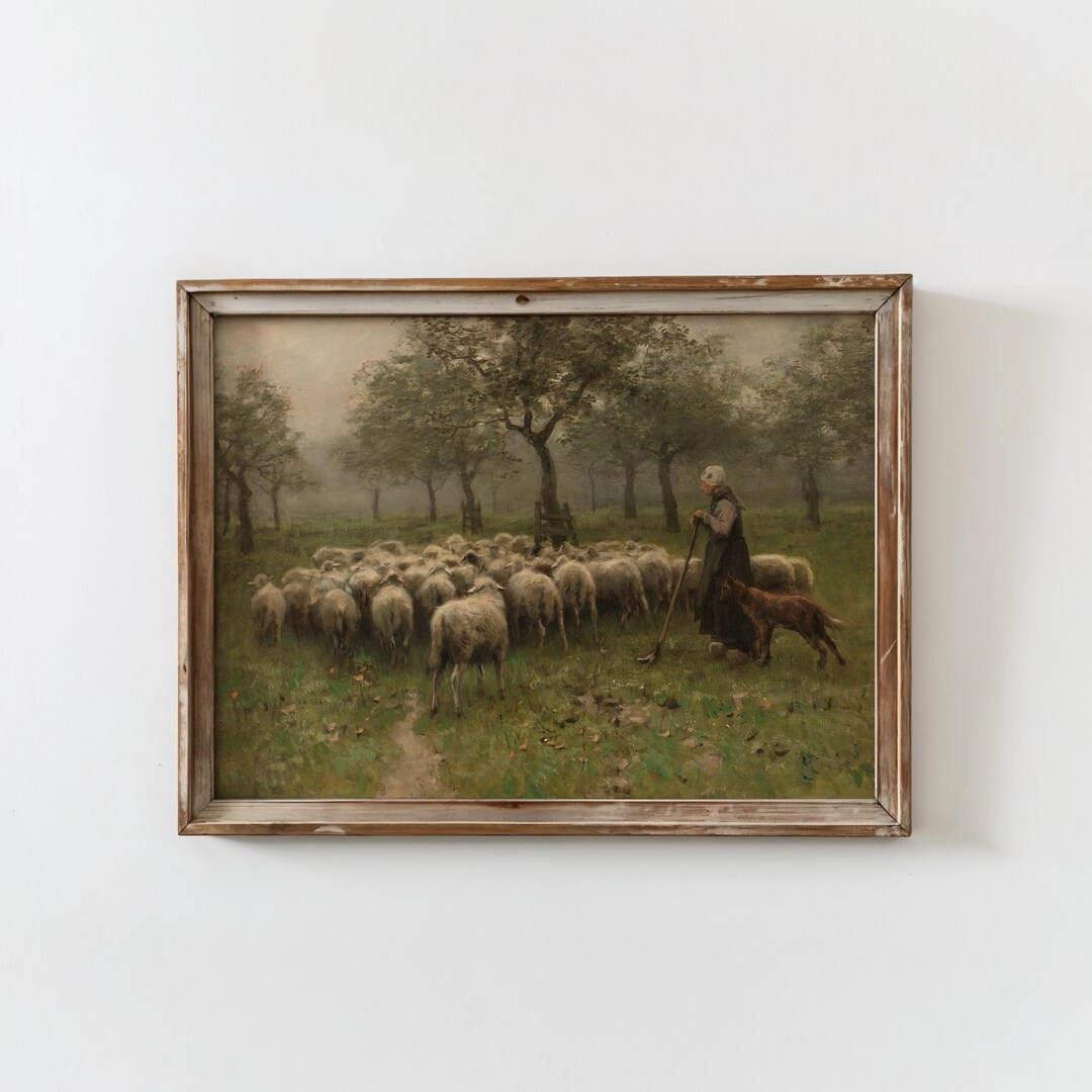 Vintage Farmhouse Sheep Painting Antique Shepherdess Art Country ...