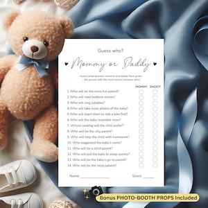 Minimalist Mommy or Daddy Baby Shower Game with Modern Neutral Theme and Bonus Printable Photo Booth Props for Baby Shower