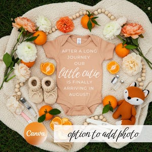 Little cutie IVF pregnancy announcement with needles, summer fertility baby announcement, cute IVF pregnancy reveal canva pregnancy template