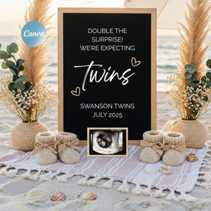 Beach Twins Pregnancy Announcement, Coastal Chic Twin Baby Reveal, Canva Editable Social Media Twin Pregnancy Template Boho Beach Ultrasound