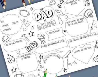 Allt om pappa Fyll i intervju och målarbild, utskrivbart pappaformulär, gör-det-själv-aktivitet för barn till fars dag eller pappas födelsedag