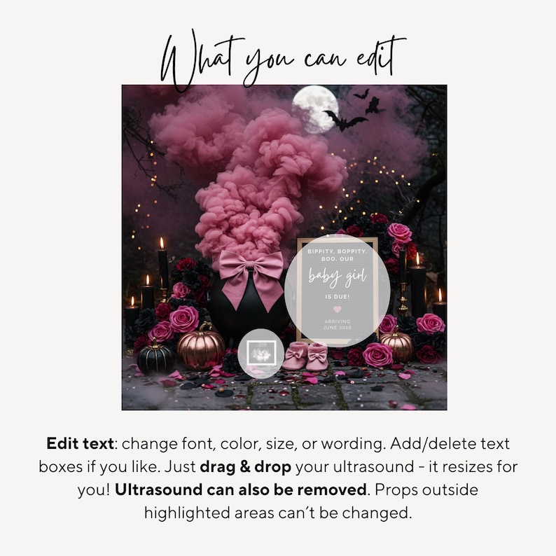May include: A digital design featuring a black cauldron with a pink bow, surrounded by pink smoke, roses, and pumpkins. The text reads "baby girl is due". Includes baby shoes and a photo frame. The background has a moon and bats.