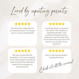 May include: A graphic display featuring the text Loved by expecting parents at the top and Check out all the reviews at the bottom. Four white rounded square boxes each contain five yellow stars and customer feedback text regarding a template.
