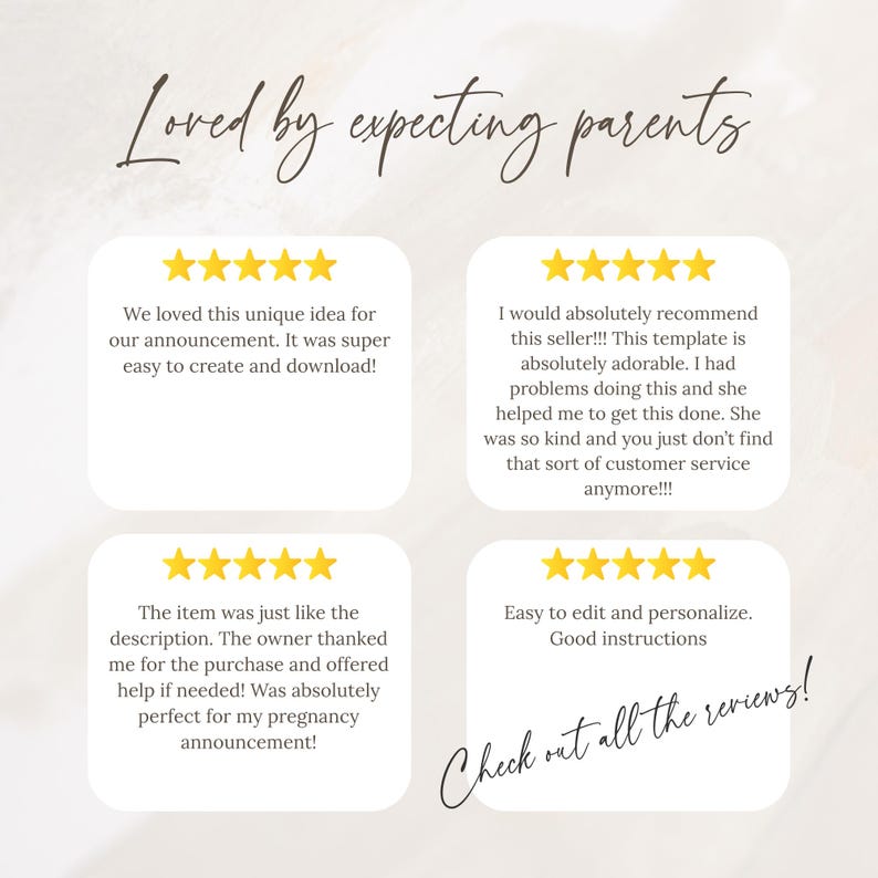 May include: A graphic display featuring the text Loved by expecting parents at the top and Check out all the reviews at the bottom. Four white rounded square boxes each contain five yellow stars and customer feedback text regarding a template.