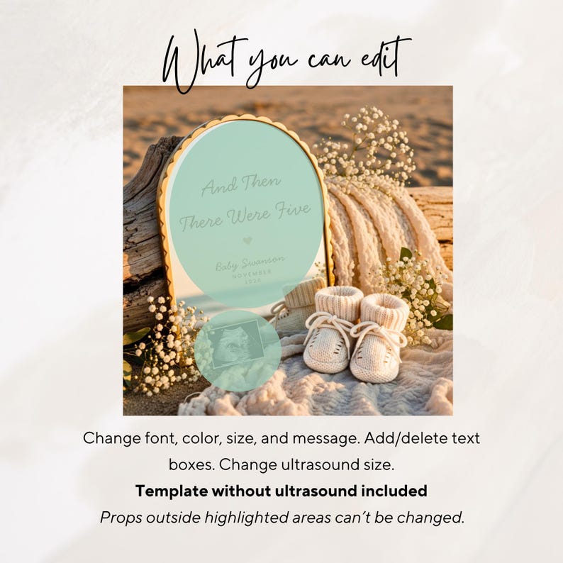 May include: An arched mirror with a gold scalloped frame displaying the text "And Then There Were Five" and "Baby Samson November 2024" in a light green field. A pair of cream-colored knit baby booties and a small ultrasound image are placed in front.
