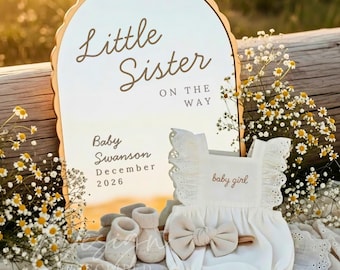 Summer Little Sister Pregnancy Announcement Template, Second Baby Girl Reveal for Social Media, Neutral Boho Editable Canva Digital Download