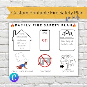 Pode incluir: Um plano de segurança contra incêndios imprimível para crianças com ilustrações de uma casa, um telefone, uma árvore e uma pessoa rastejando sob a fumaça. O plano inclui instruções para ligar para o 112, rastejar sob a fumaça, não se esconder e sair. Também inclui uma seção para o nome e endereço da família, e um ponto de encontro.
