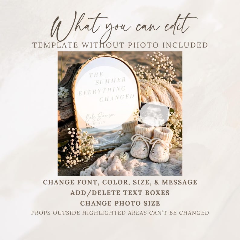 May include: A round mirror with a scalloped gold frame displaying the text THE SUMMER EVERYTHING CHANGED, Baby Swanson, and FEBRUARY 2025. Beside the mirror are two cream-colored knit baby booties and a small ultrasound image on a textured fabric.