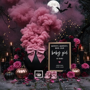 Upscale spooky Halloween girl gender reveal digital template featuring a matte black cauldron with pink smoke rising into the night sky, surrounded by gothic florals, rose-gold and black pumpkins, glowing candles, and fairy lights. A letterboard sign reads “Bippity, Boppity, Boo, our baby girl is due!” with space to add baby name, due date, and ultrasound. Styled with baby booties for a magical, modern, witchy, seasonal pregnancy announcement. Instant download Canva template.