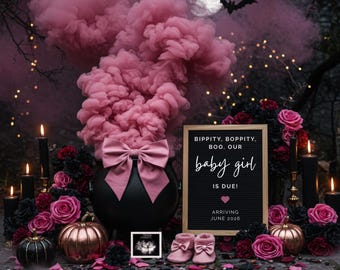 May include: A Halloween-themed baby announcement with a black cauldron, pink smoke, and a letterboard that reads "baby girl is due". The scene includes pumpkins, roses, candles, baby shoes, and a sonogram, with a full moon and bats in the background.