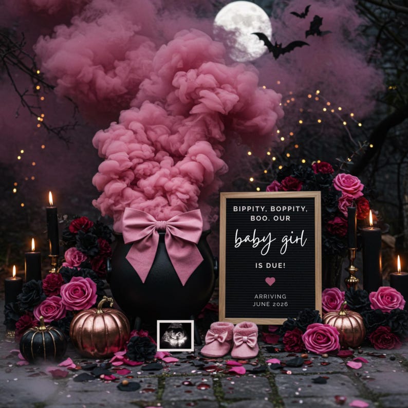 Upscale spooky Halloween girl gender reveal digital template featuring a matte black cauldron with pink smoke rising into the night sky, surrounded by gothic florals, rose-gold and black pumpkins, glowing candles, and fairy lights. A letterboard sign reads “Bippity, Boppity, Boo, our baby girl is due!” with space to add baby name, due date, and ultrasound. Styled with baby booties for a magical, modern, witchy, seasonal pregnancy announcement. Instant download Canva template.